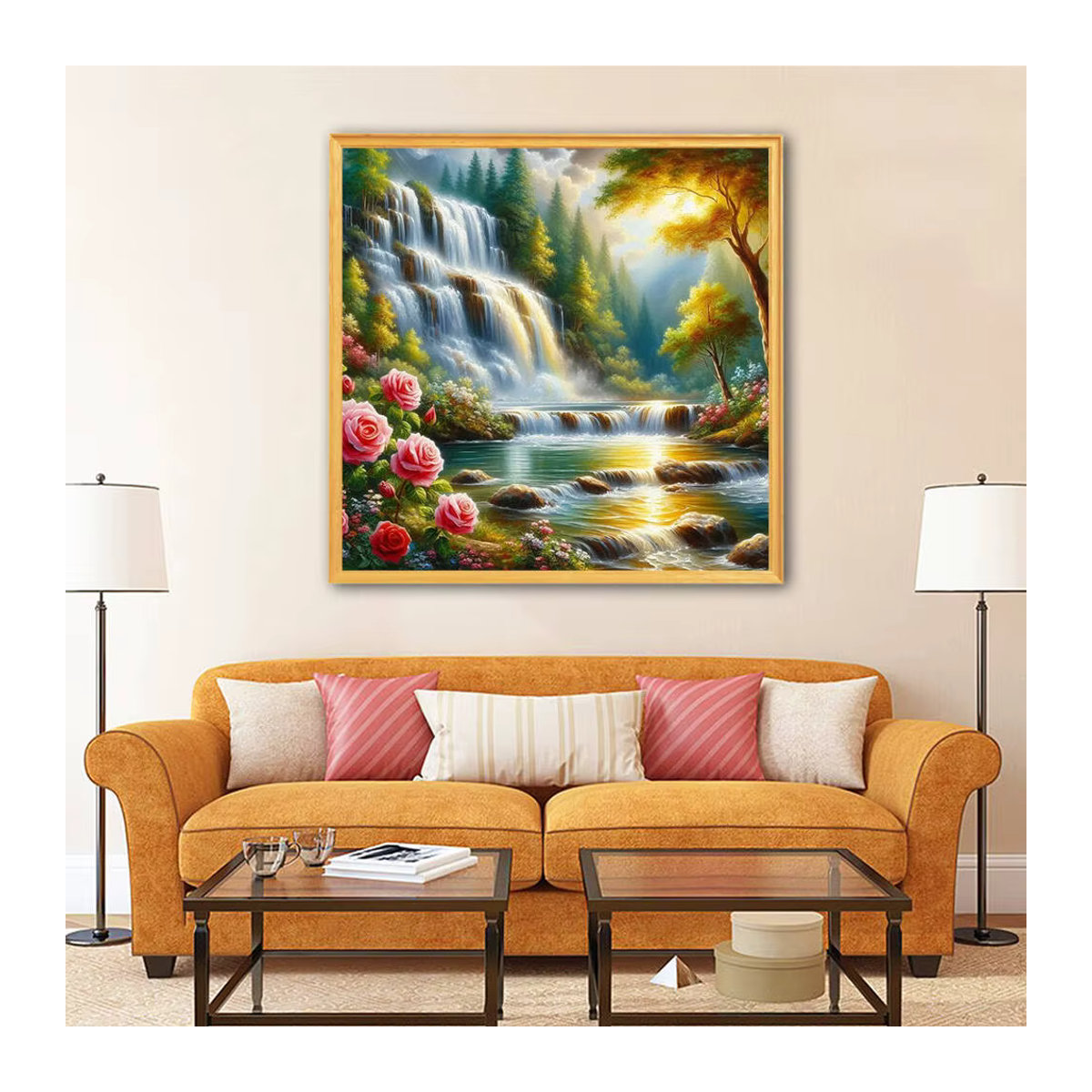 Evershine Diamantmalerei DIY Set Sonnenuntergang Landschaft mit Wasserfall und Mosaik Dekoration, rund, mehrfarbig - Bild 3