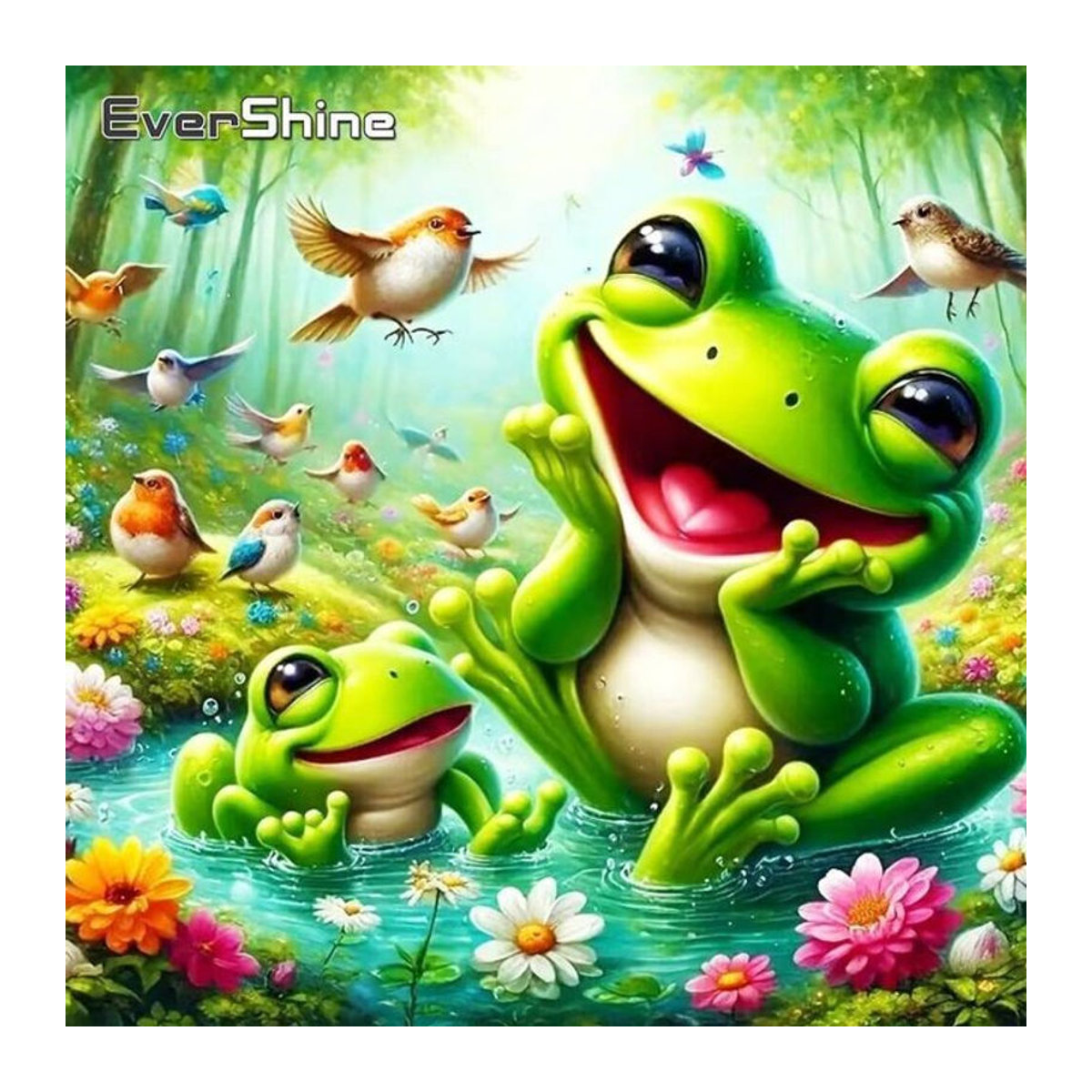 Evershine Diamantmalerei Frosch und Vogel Mosaik Set mit Blumenmotiven in Mehrfarbig für Anfänger und Kinder zur Wanddekoration - Bild 1