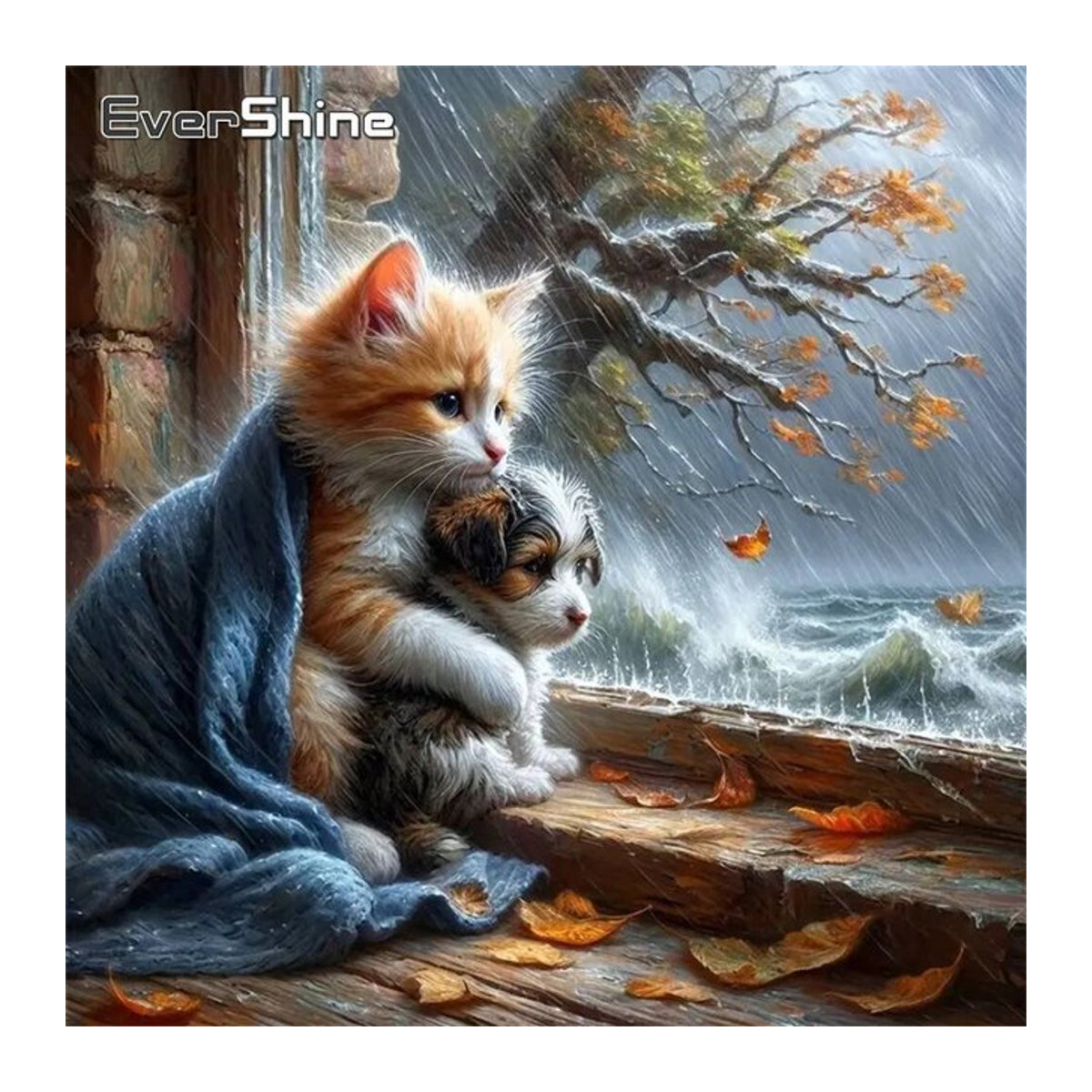 Evershine Diamantmalerei Hund und Katze als Rundes Mosaik-Stickbild in Mehrfarbig mit Herbstmotiv - Bild 1