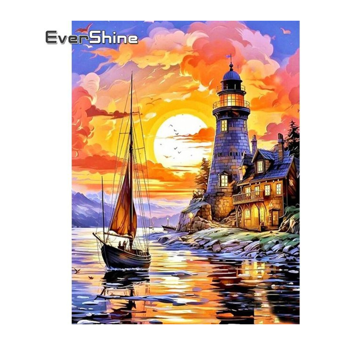 Evershine Diamantmalerei Leuchtturm und Schiff im Sonnenuntergang als maritimes Mosaik-Bastelset für dein Zuhause, mehrfarbig, Durchmesser: 20 cm - Bild 1