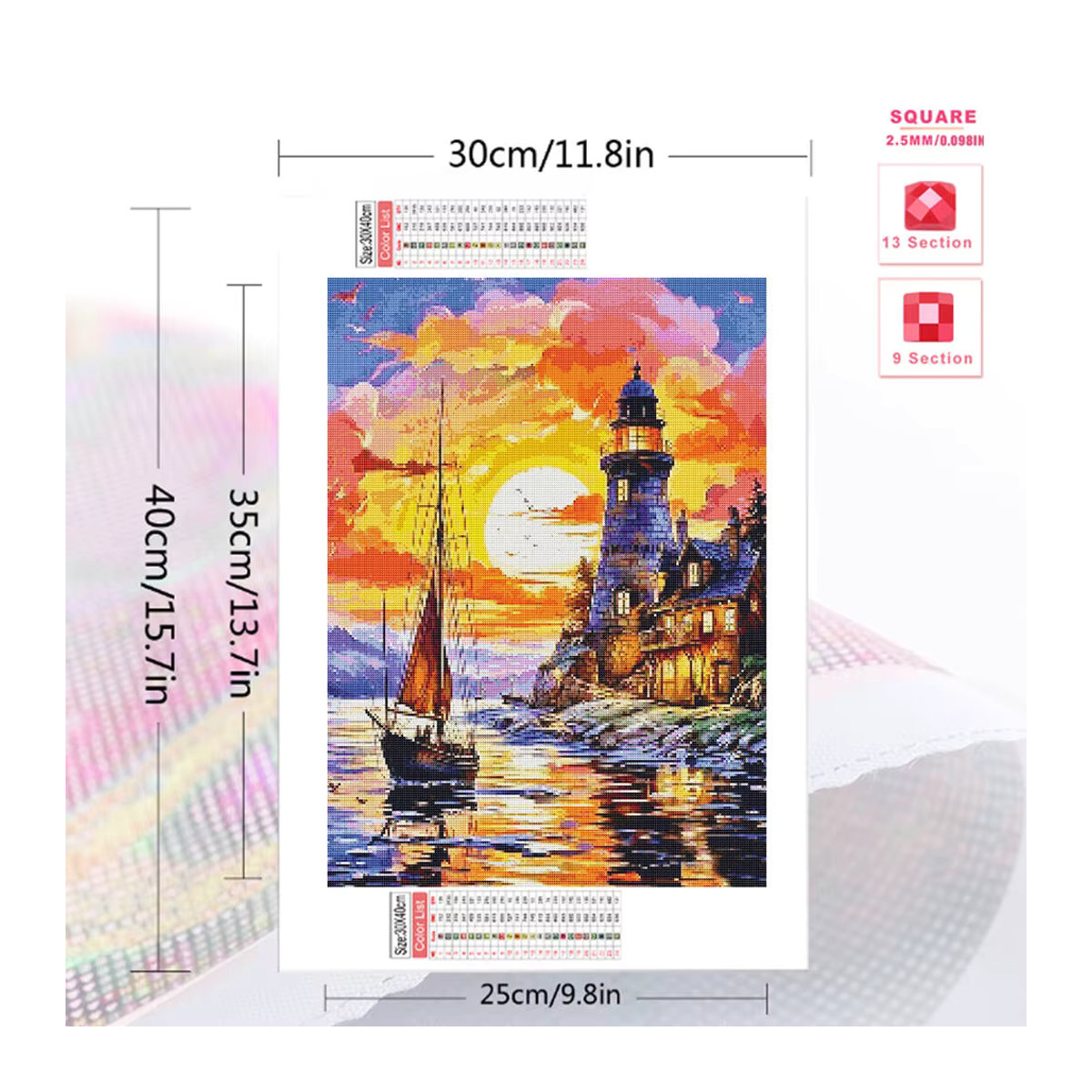 Evershine Diamantmalerei Leuchtturm und Schiff im Sonnenuntergang als maritimes Mosaik-Bastelset für dein Zuhause, mehrfarbig, Durchmesser: 20 cm - Bild 2