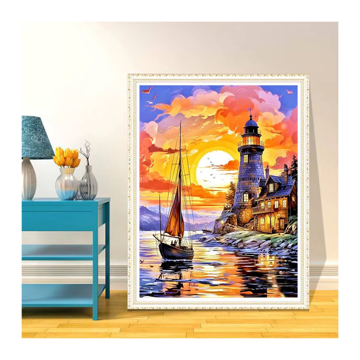 Evershine Diamantmalerei Leuchtturm und Schiff im Sonnenuntergang als maritimes Mosaik-Bastelset für dein Zuhause, mehrfarbig, Durchmesser: 20 cm - Bild 3
