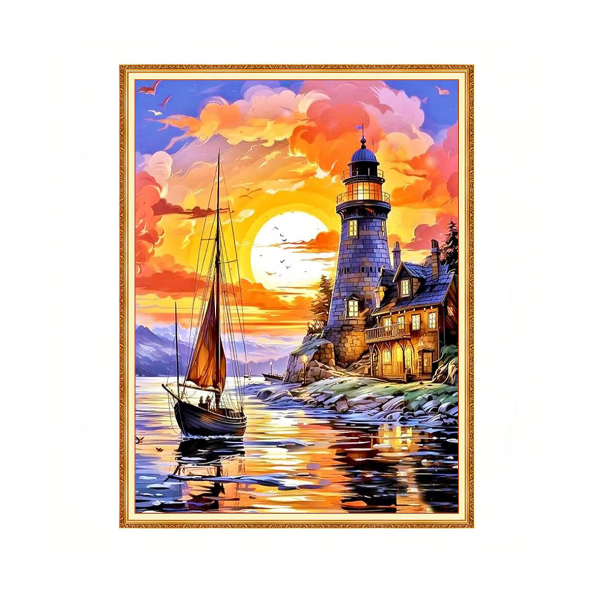 Evershine Diamantmalerei Leuchtturm und Schiff im Sonnenuntergang als maritimes Mosaik-Bastelset für dein Zuhause, mehrfarbig, Durchmesser: 20 cm - Bild 4