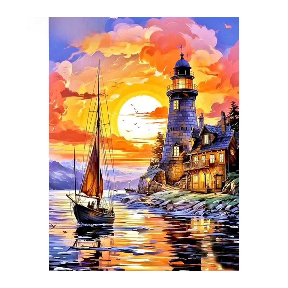 Evershine Diamantmalerei Leuchtturm und Schiff im Sonnenuntergang als maritimes Mosaik-Bastelset für dein Zuhause, mehrfarbig, Durchmesser: 20 cm - Bild 5