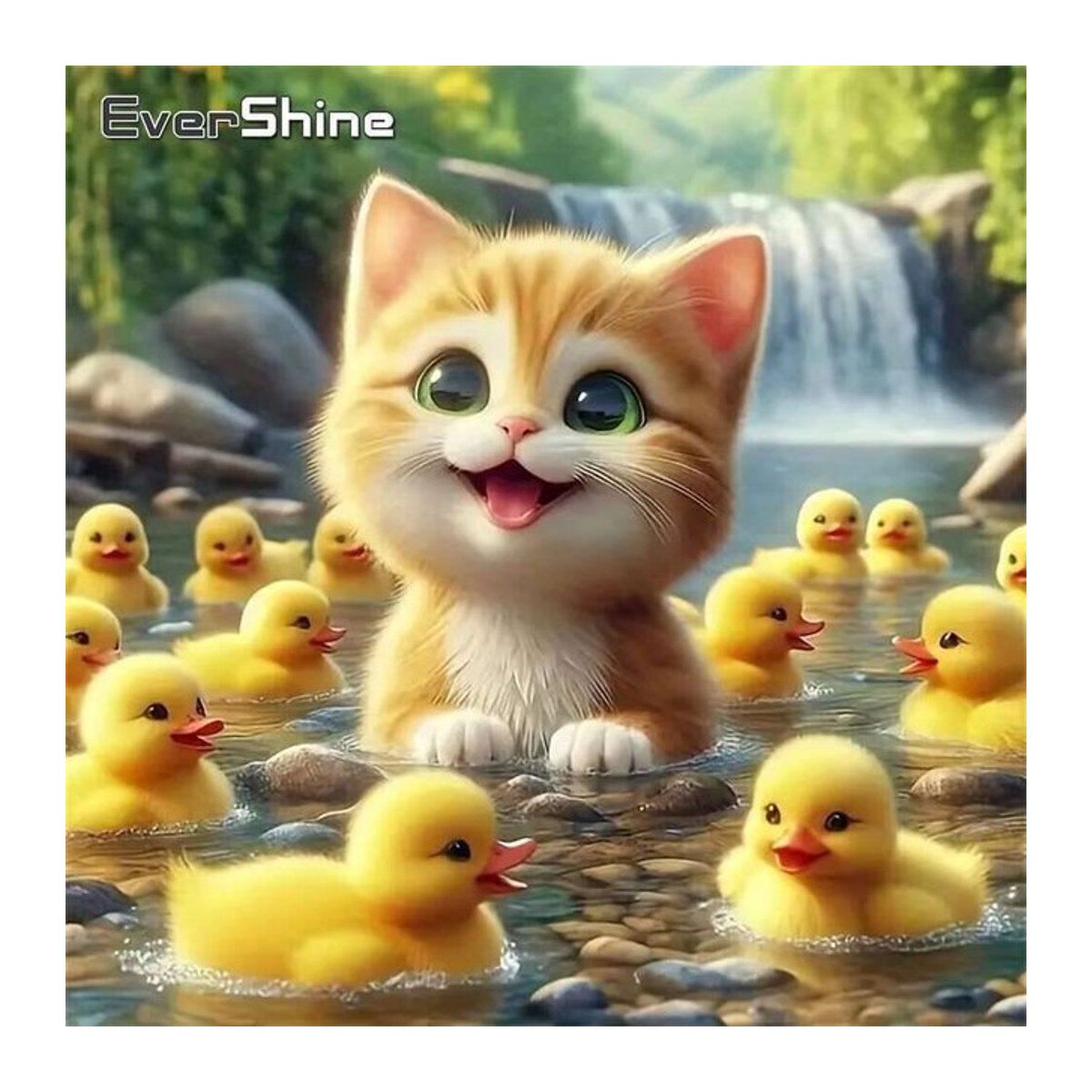 Evershine Diamantmalerei Rund mit Tier-Motiv Katze und Ente in Mehrfarbig als Kreuzstich-Mosaik zur Wandmontage - Bild 1