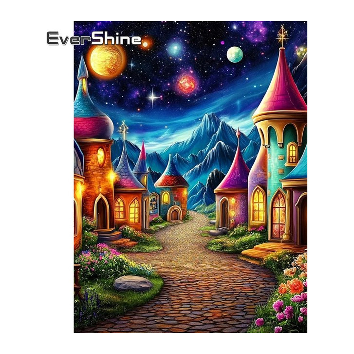 EverShine Diamantmalerei Schloss-Landschaft mit Berglandschaft und Planet als mehrfarbige Strass-Stickerei im Vollquadrat-Mosaik-Stil - Bild 1