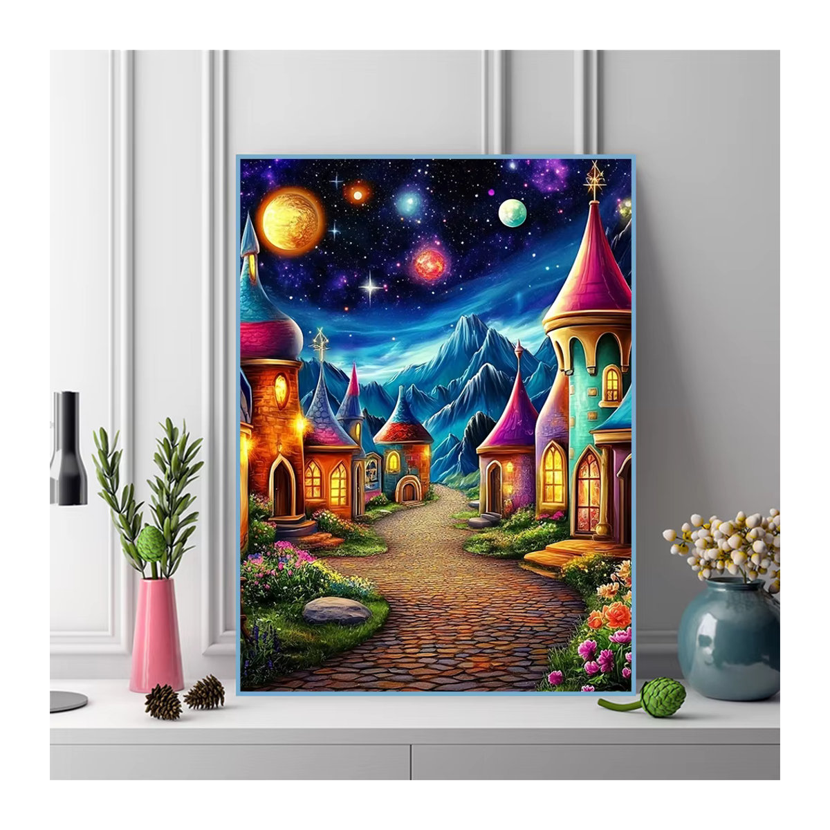 EverShine Diamantmalerei Schloss-Landschaft mit Berglandschaft und Planet als mehrfarbige Strass-Stickerei im Vollquadrat-Mosaik-Stil - Bild 3