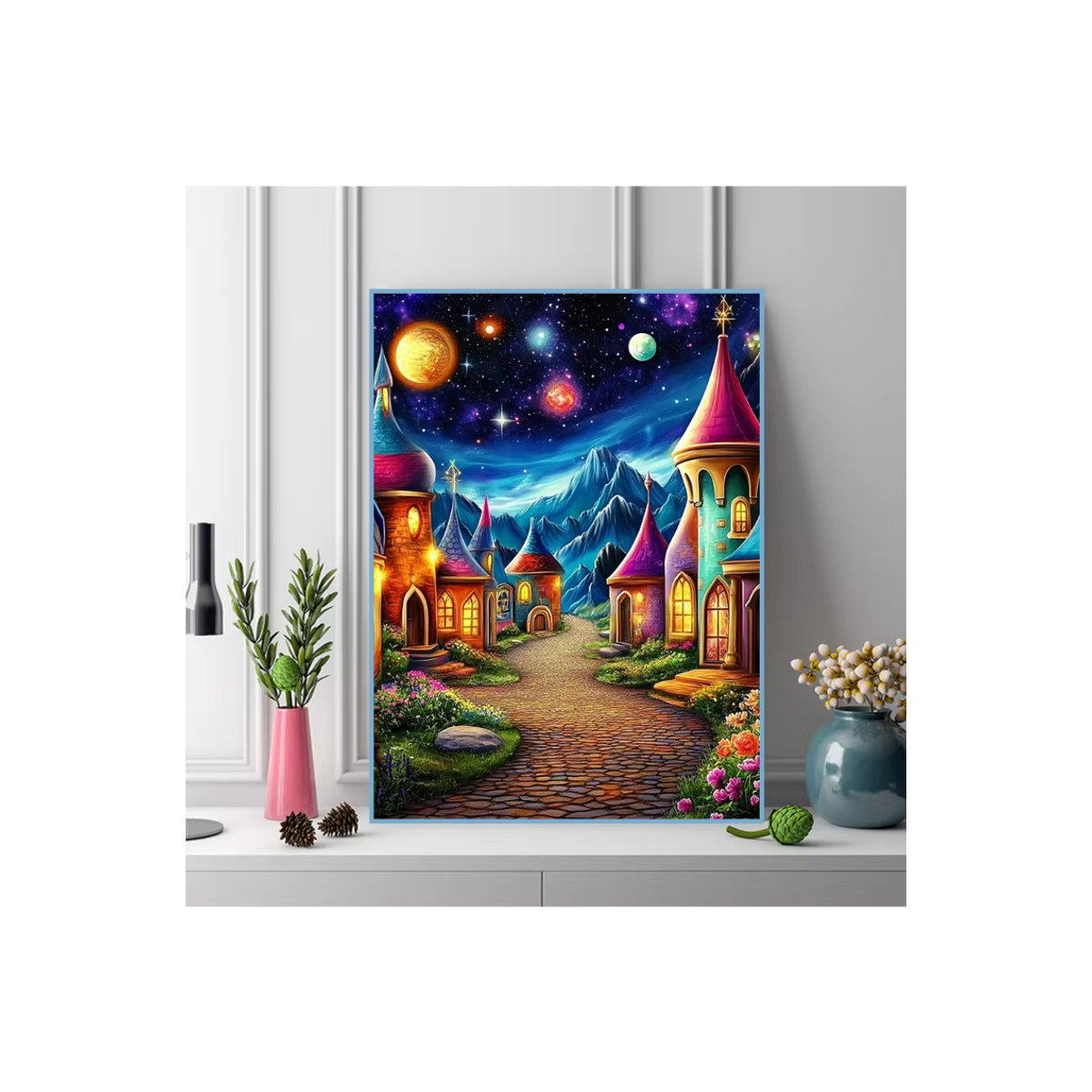 EverShine Diamantmalerei Schloss-Landschaft mit Berglandschaft und Planet als mehrfarbige Strass-Stickerei im Vollquadrat-Mosaik-Stil - Bild 5