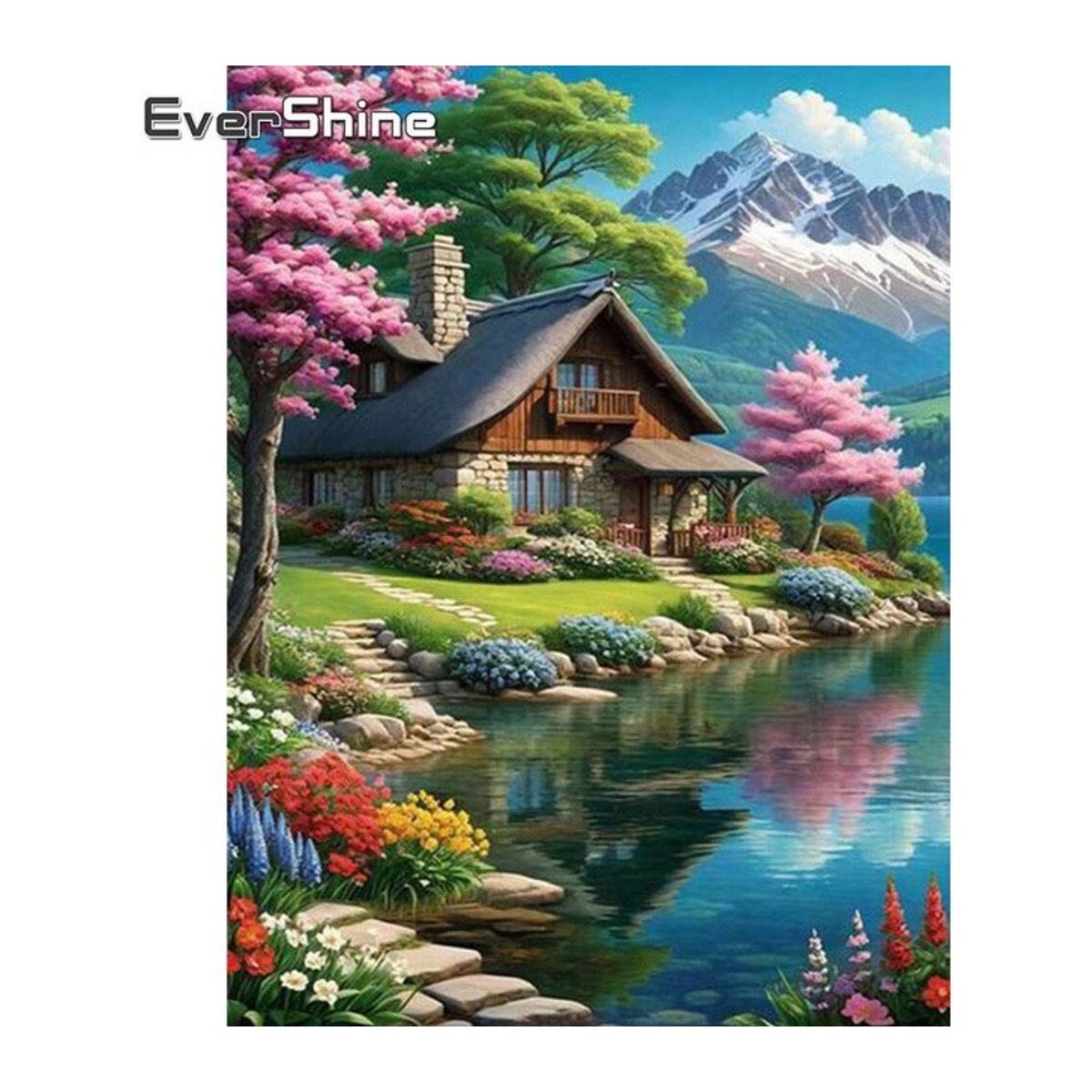 Evershine Diamantmalerei Set Landhaus Berglandschaft mit Fluss und Frühling, Mehrfarbig, DIY Wandkunst Mosaik Set - Bild 1