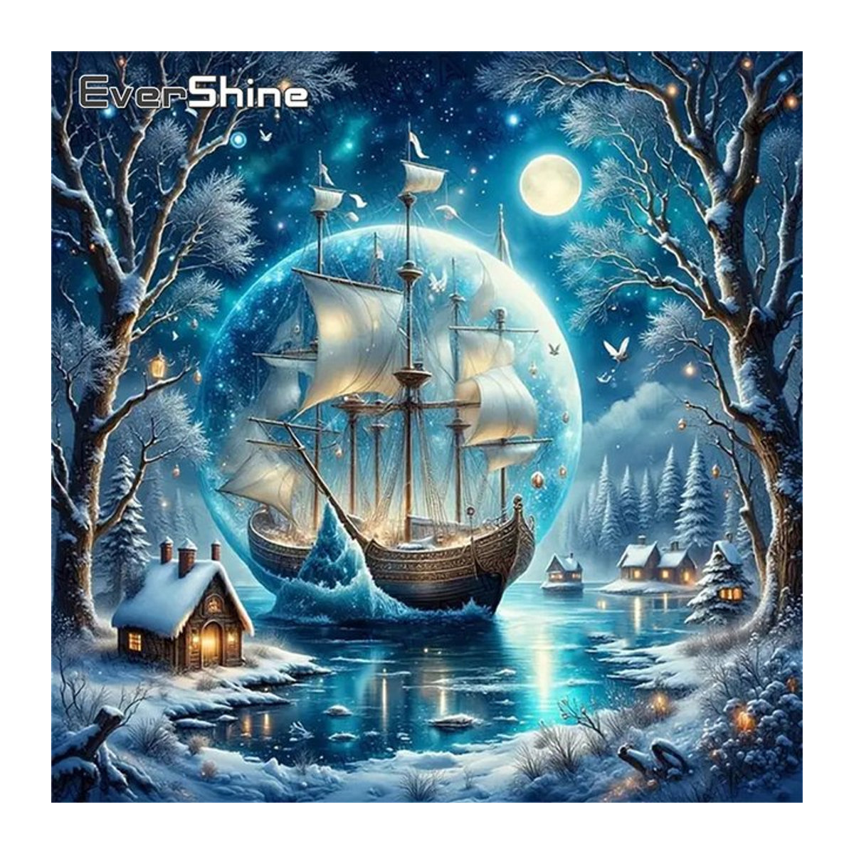 Evershine Diamantmalerei Set Landschaft mit Schiff und Mond in Blau für Anfänger als Mosaik-Stickerei zur Wandgestaltung - Bild 1