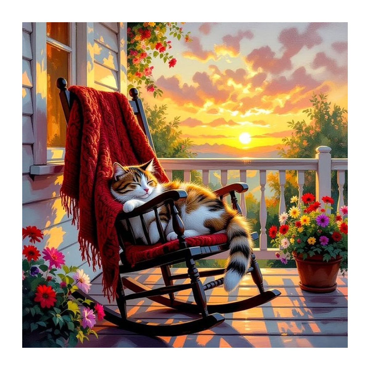 EverShine Diamond Painting Set Katze auf Schaukelstuhl mit Sonnenuntergang als 5D Vollbohr-Mosaik DIY Stickerei in Mehrfarbig - Bild 1