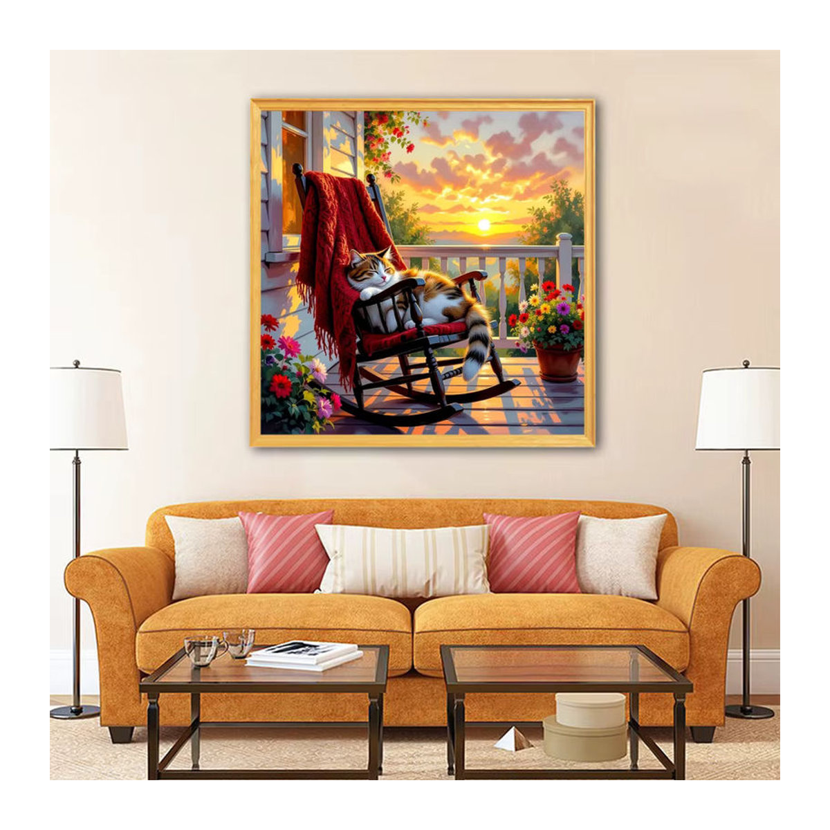 EverShine Diamond Painting Set Katze auf Schaukelstuhl mit Sonnenuntergang als 5D Vollbohr-Mosaik DIY Stickerei in Mehrfarbig - Bild 3