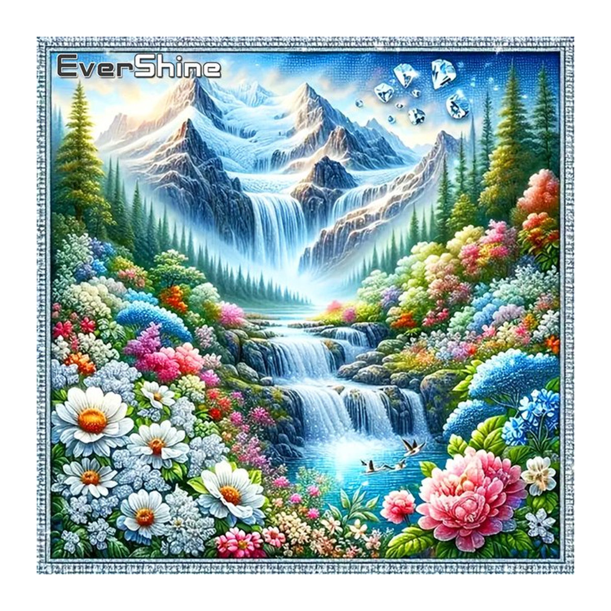 Evershine Diamond Painting Wanddeko Landschaft Wasserfall und Blumen in Mehrfarbig, Quadratisch - Bild 1