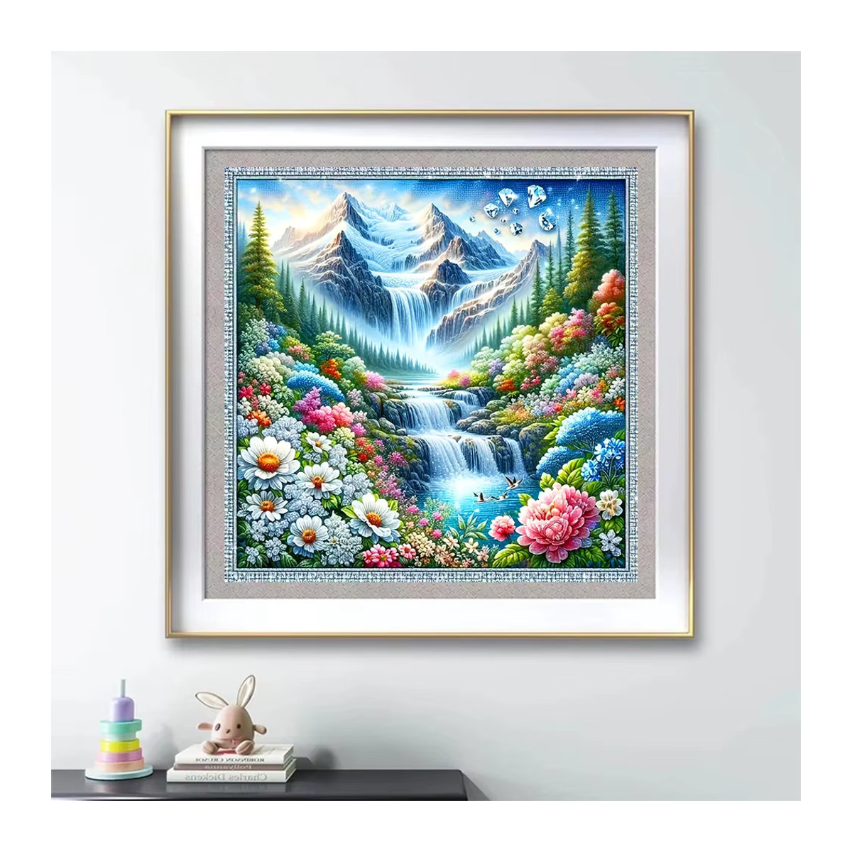 Evershine Diamond Painting Wanddeko Landschaft Wasserfall und Blumen in Mehrfarbig, Quadratisch - Bild 3