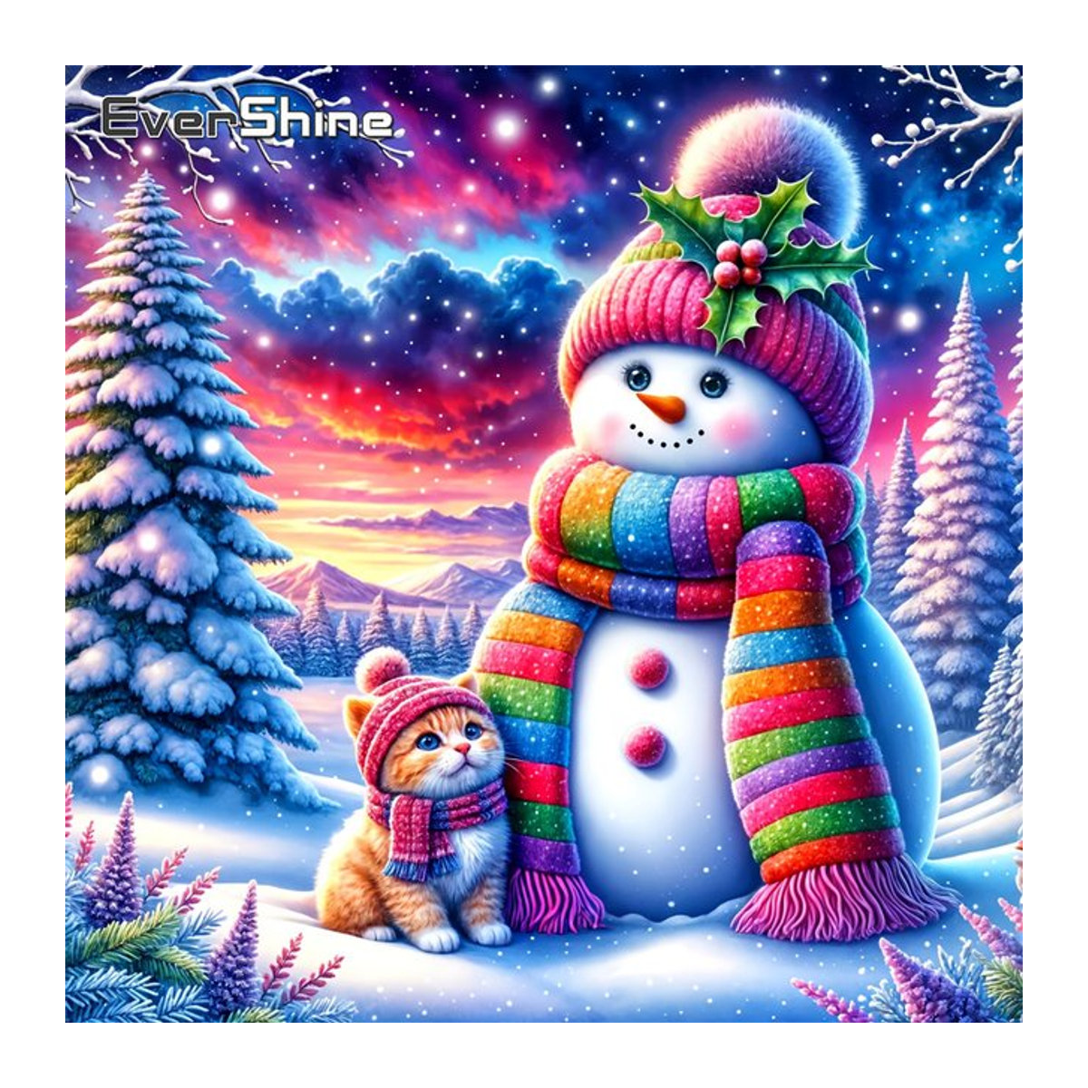 Evershine DIY Diamantgemälde Schneemann und Katze in Winterlandschaft als rundes Mosaik für Anfänger, mehrfarbig - Bild 1