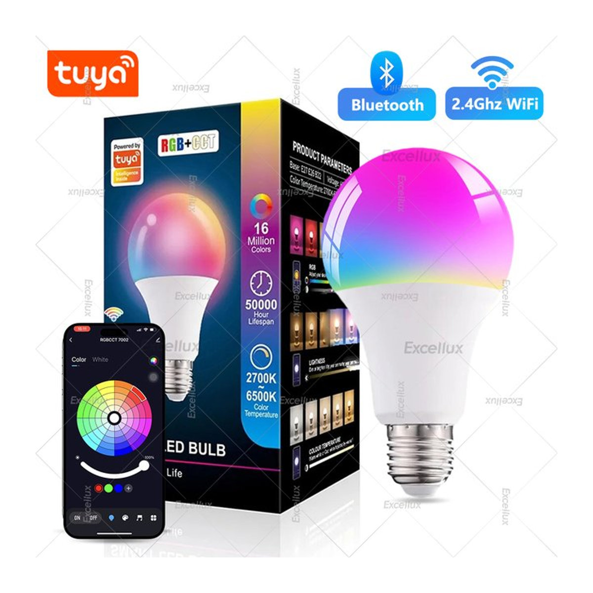 Excellux Smart LED Glühbirne E27 mit WiFi und Bluetooth, 15W RGB, dimmbar, 2700-6500K, kompatibel mit Smart Life App und Sprachsteuerung via Alexa, Farbe: Bunt - Bild 1