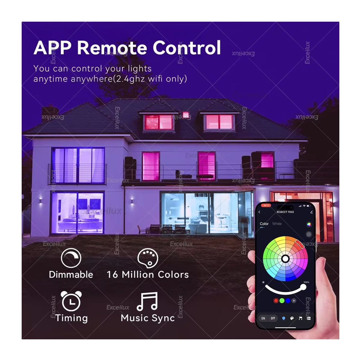 Excellux Smart LED Glühbirne E27 mit WiFi und Bluetooth, 15W RGB, dimmbar, 2700-6500K, kompatibel mit Smart Life App und Sprachsteuerung via Alexa, Farbe: Bunt - Bild 3