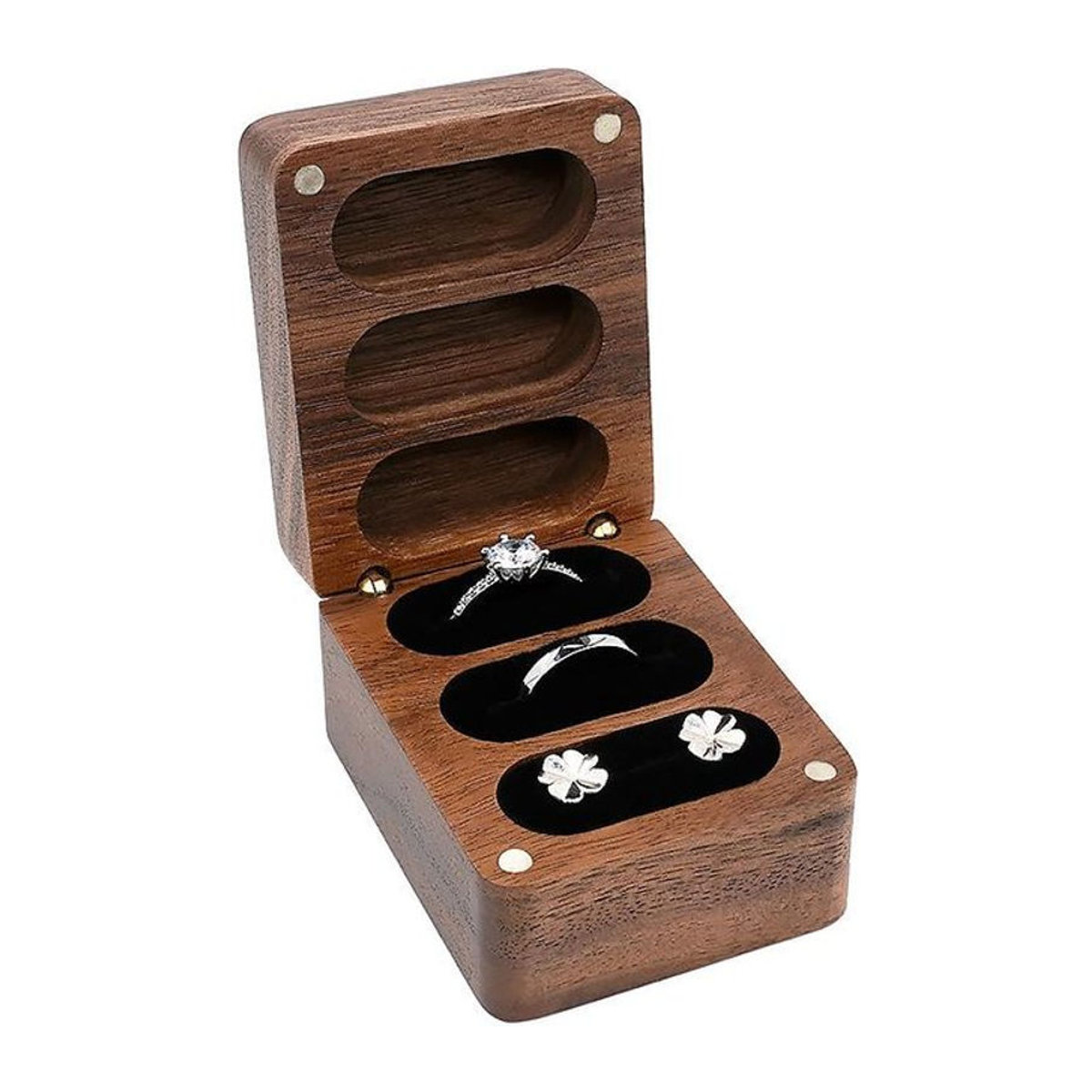 Exklusive Schmuckschatulle aus Walnussholz von Mango Event in Schwarz und Braun mit drei Fächern für Ringe, Halsketten und Ohrringe - Bild 1