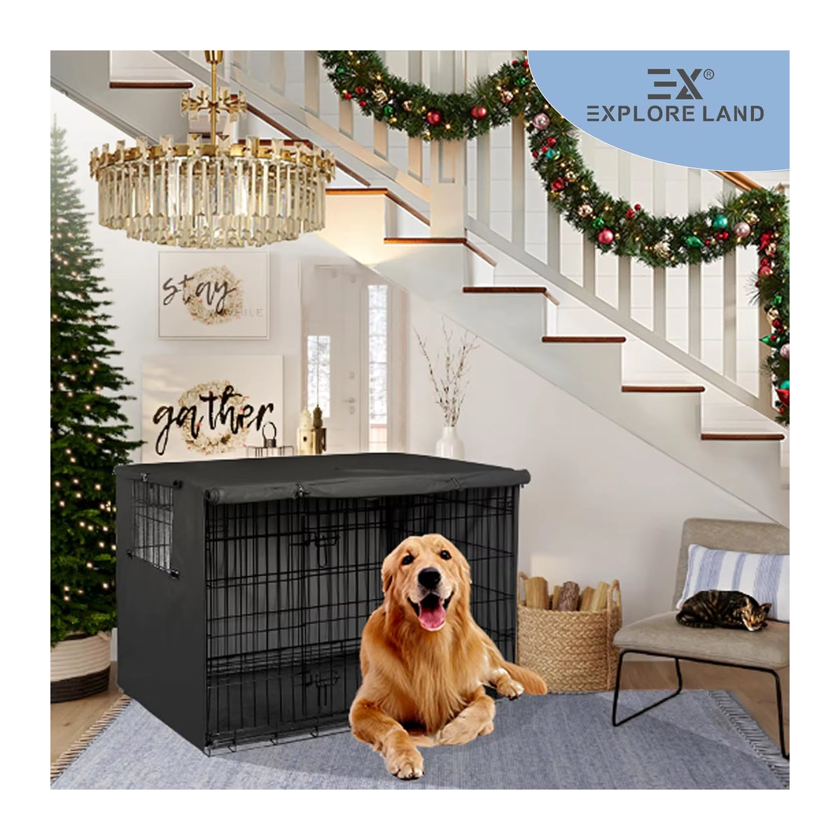 Explore Land Hunde-Kistenabdeckung aus robustem Polyester als Sonnenschutz für 42-Zoll-Drahtkäfig in Schwarz - Bild 3