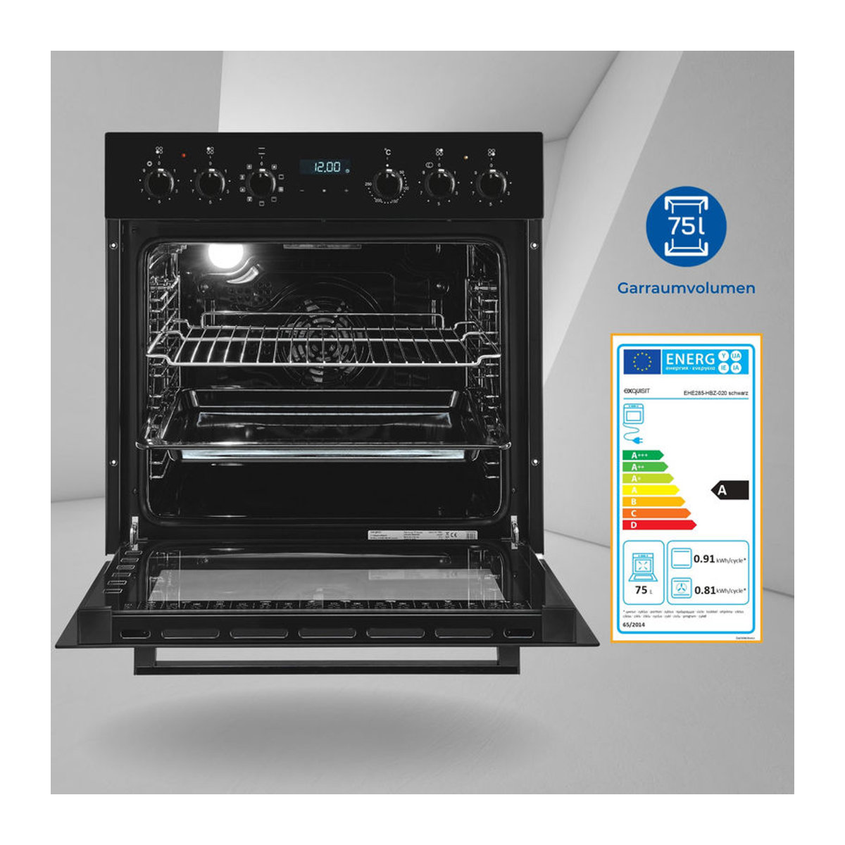 Exquisit Einbau-Herd-Set EHE285-HBZ-020 in Schwarz mit 4 Kochfeldern und 75 l Backofenvolumen aus Metall und Glas - Bild 3