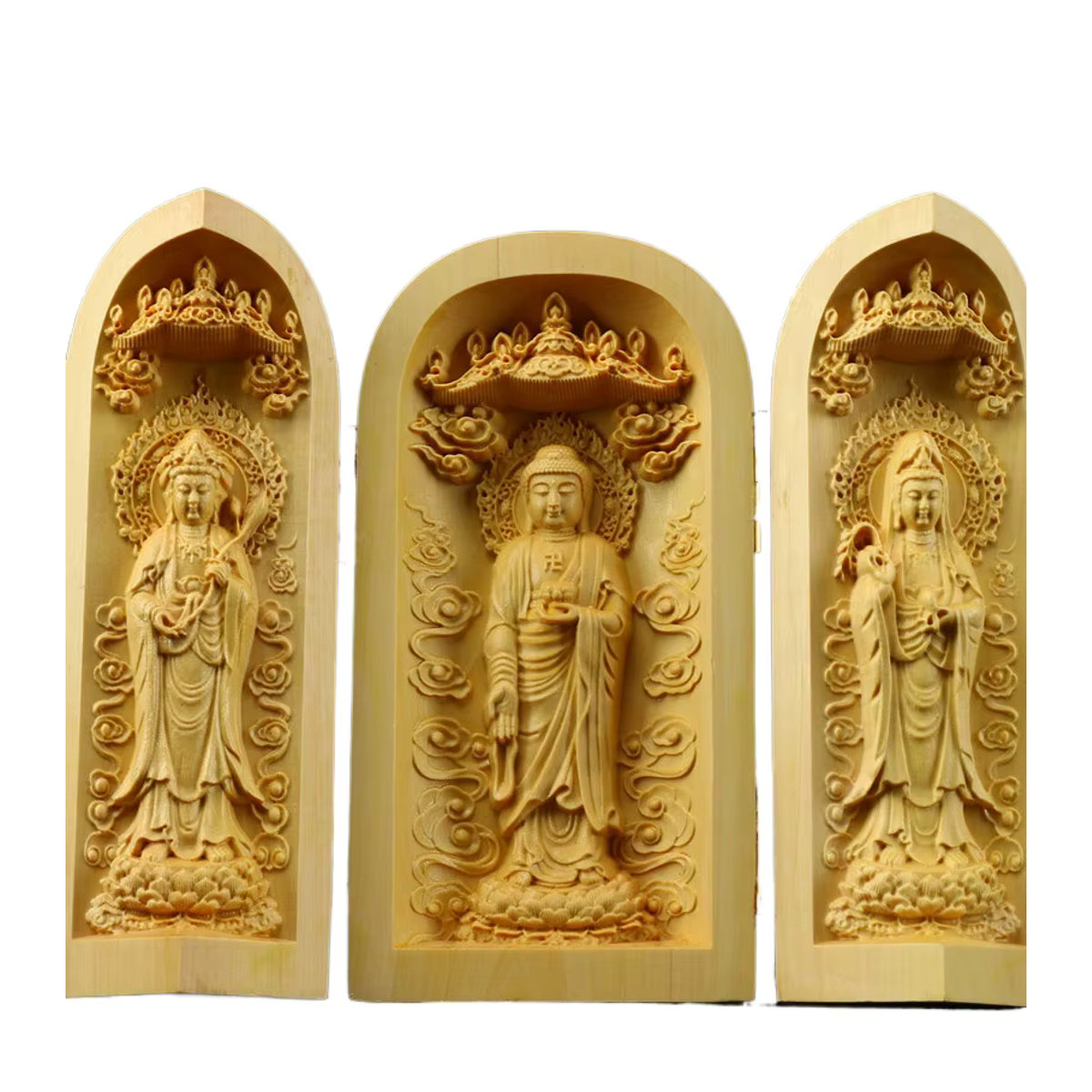 Exquisite Guanyin Buddha Statue aus Buchsbaumholz in Beige als orientalische Holzschnitzerei zur Heimdekoration - Bild 4