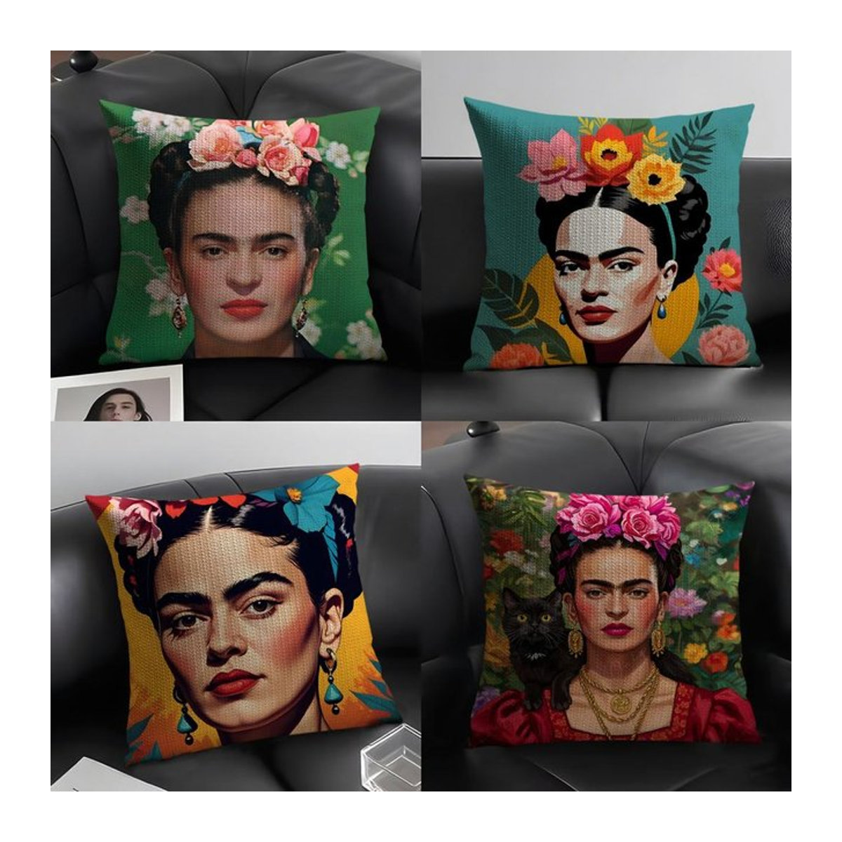 F-Fridas Painting Art Fashion Kissenbezug aus Bio-Leinen in Weiß und Mehrfarbig mit doppelseitigem Druck - Bild 1