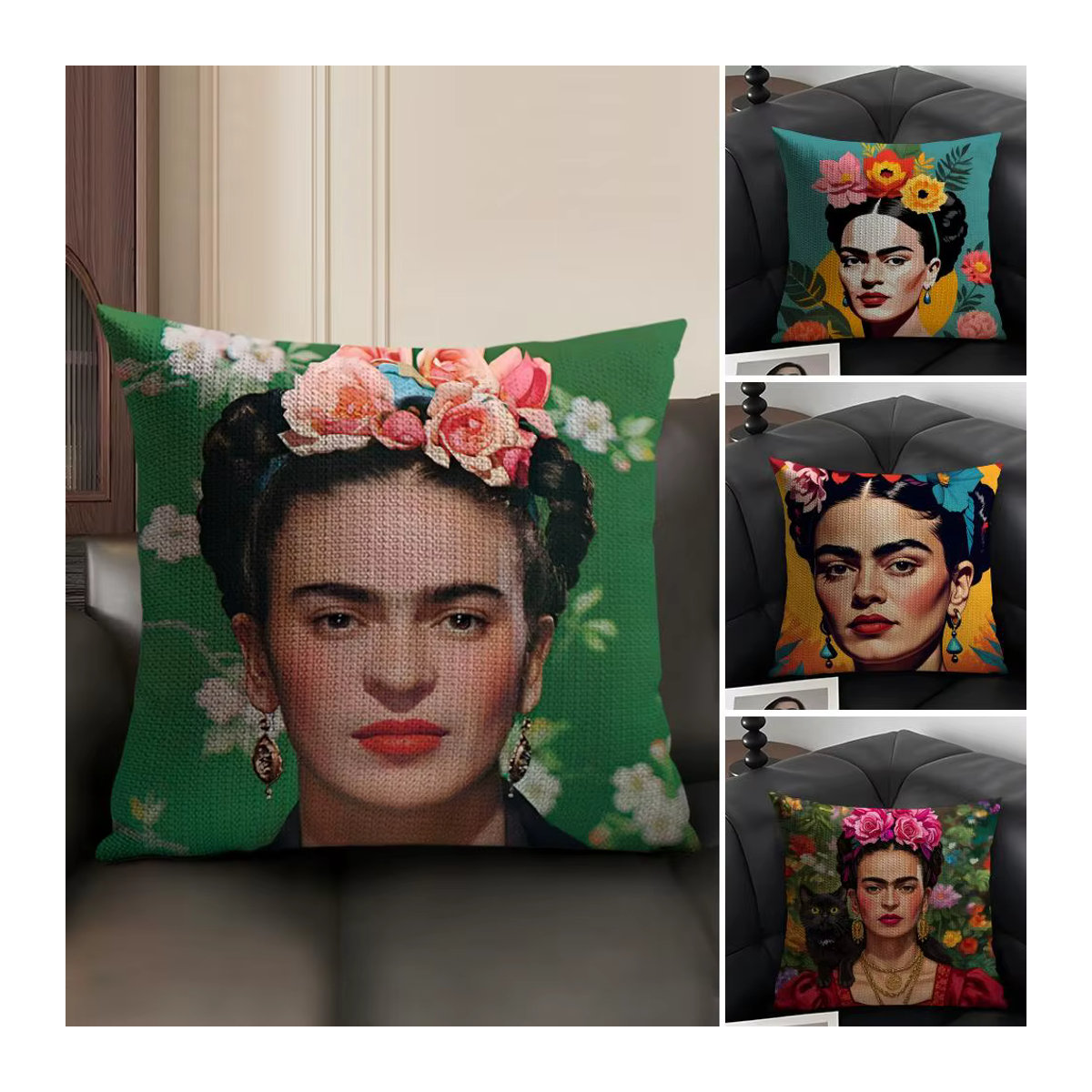 F-Fridas Painting Art Fashion Kissenbezug aus Bio-Leinen in Weiß und Mehrfarbig mit doppelseitigem Druck - Bild 2