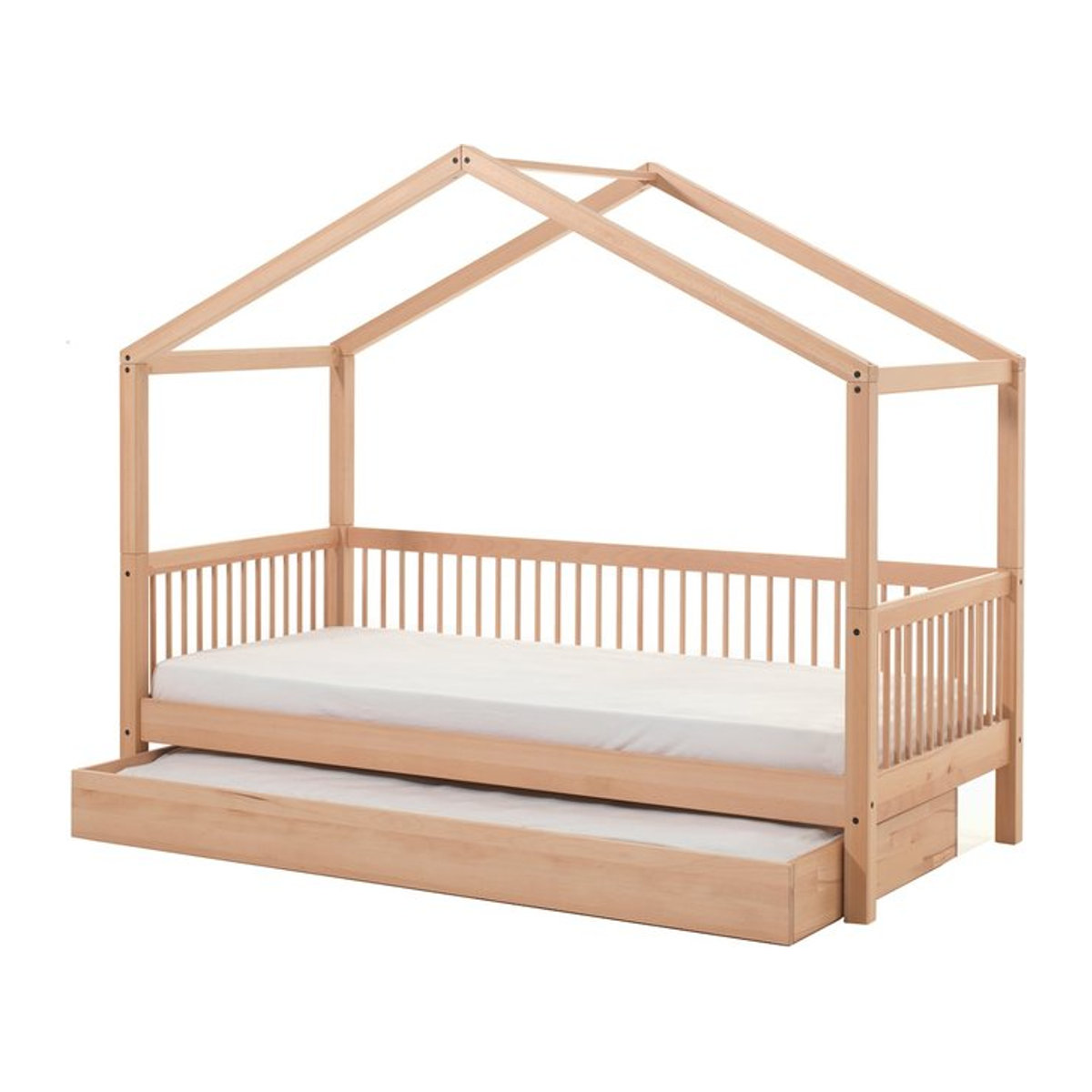 FAGUS Hausbett aus massiver Buche natur mit Lattenrost und Bettschublade, Liegefläche B: 90 cm, L: 200 cm - Bild 1