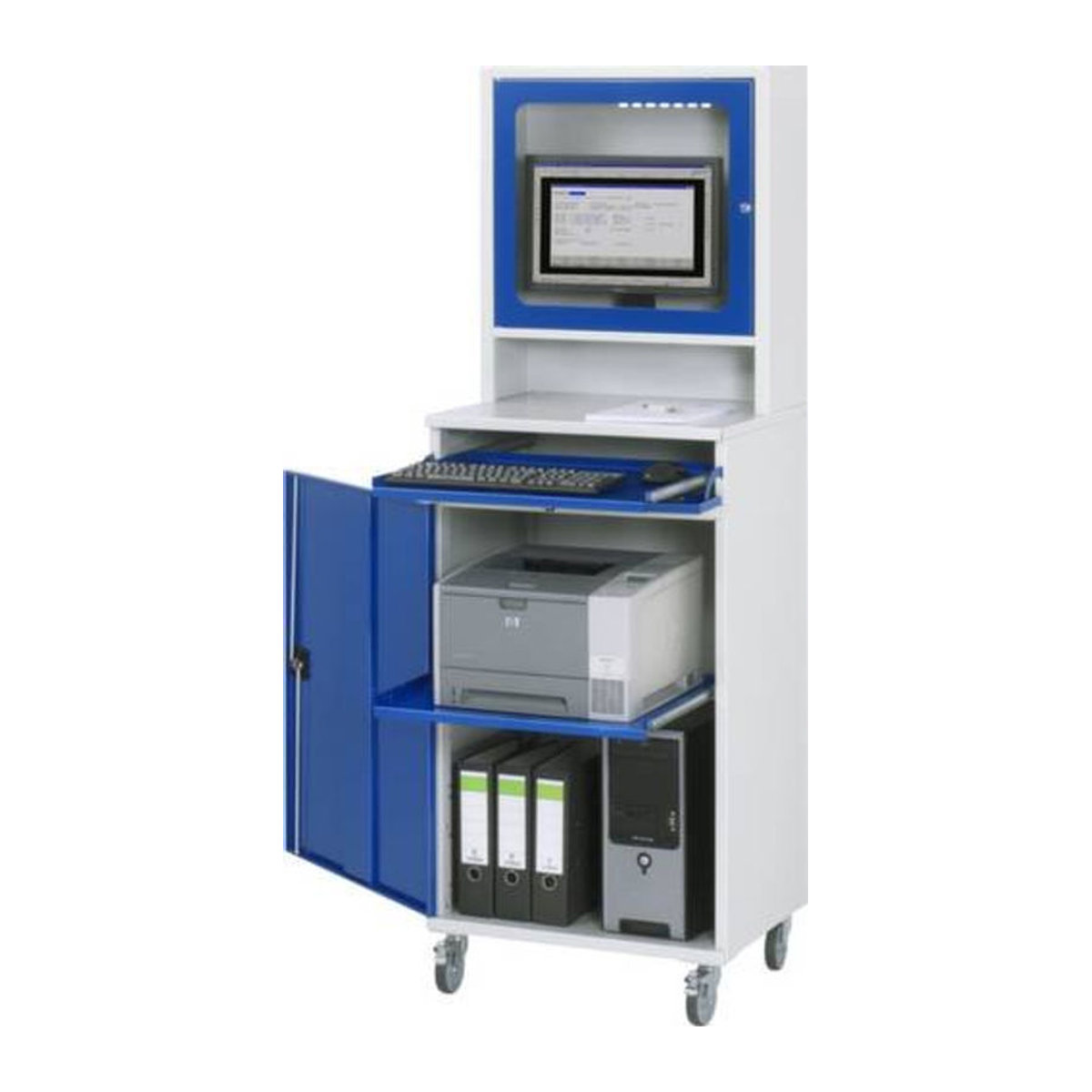 Fahrbarer Computer-Schrank Typ 650-M65 aus Metall in Rauch Grau, Blau und Weiß mit Drehtüren, B: 65 cm, T: 52 cm, H: 177 cm - Bild 1