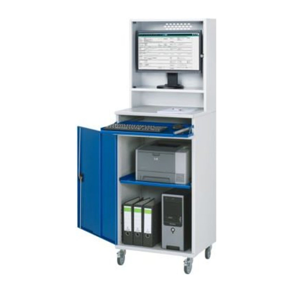 Fahrbarer Computer-Schrank Typ 650-M65 aus Metall in Rauch Grau, Blau und Weiß mit Drehtüren, B: 65 cm, T: 52 cm, H: 177 cm - Bild 2