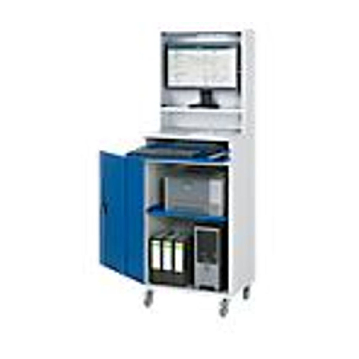 Fahrbarer Computer-Schrank Typ 650-M65 aus Metall in Rauch Grau, Blau und Weiß mit Drehtüren, B: 65 cm, T: 52 cm, H: 177 cm - Bild 3