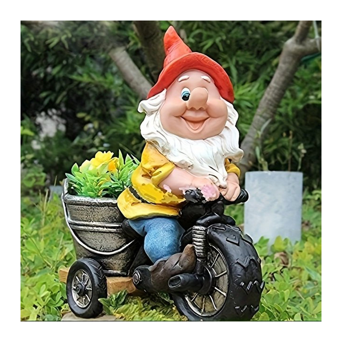 Fahrradzwerg Blume Gartenstatue aus Kunstharz, dekorative Zwergenfigur für Terrasse und Garten in Mehrfarbig - Bild 1