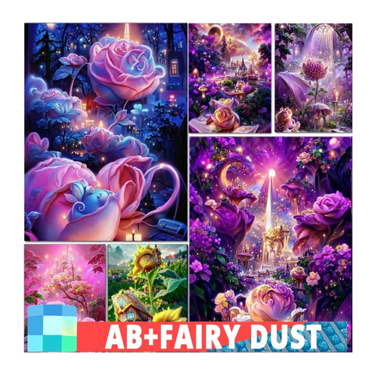 Fairy Dust 5D DIY Diamantmalerei Set mit Blumenlandschaft und Schloss als Mosaik-Kreuzstich in Mehrfarbig - Bild 1