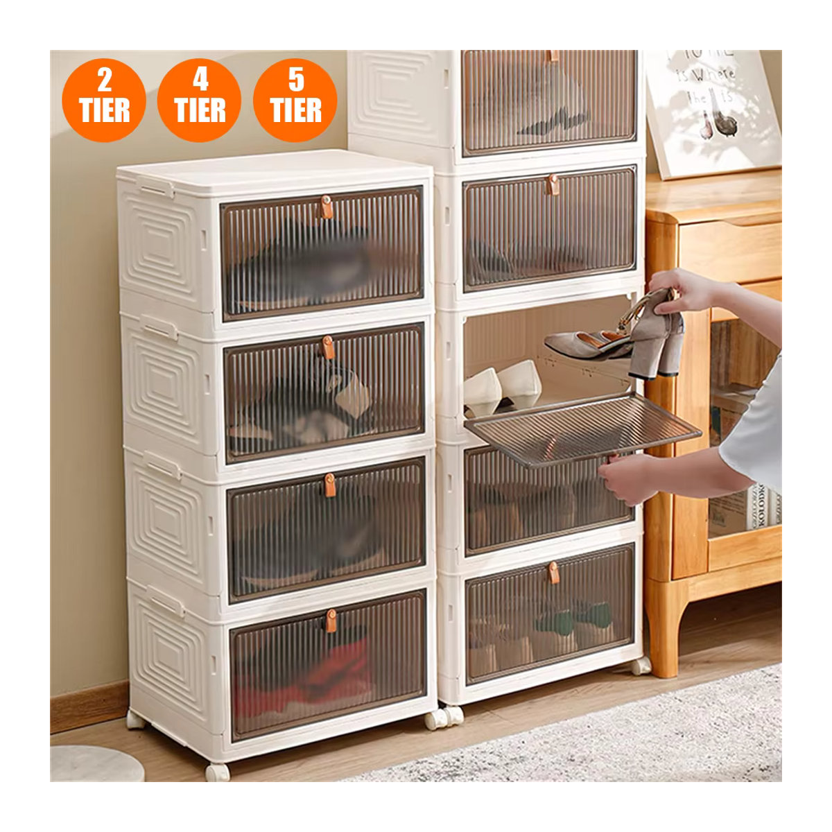 Faltbare Aufbewahrungsbox mit Deckel und Rollen in Weiß, minimalistischer Organizer für Schuhe und Haushalt - Bild 2