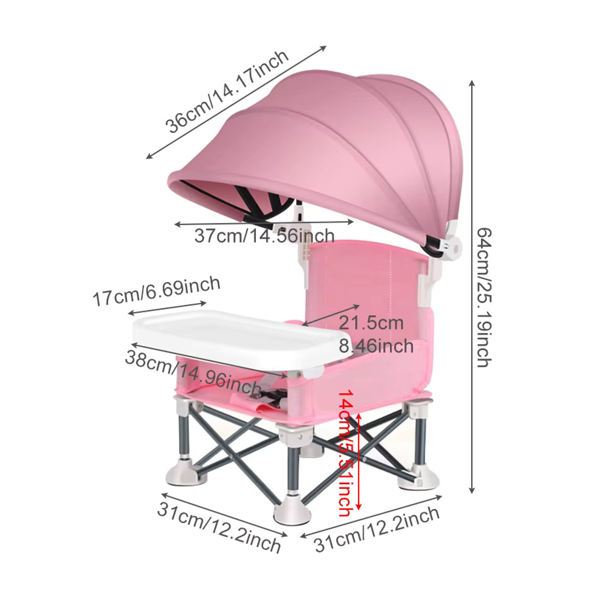 Faltbarer Baby-Hochstuhl aus Aluminiumlegierung in Rosa für unterwegs und den Strand - Bild 3
