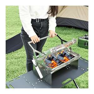 Faltbarer Edelstahl Holzkohle-Grill für Camping und BBQ in Silber mit 360 Grad drehbarem Grillrost