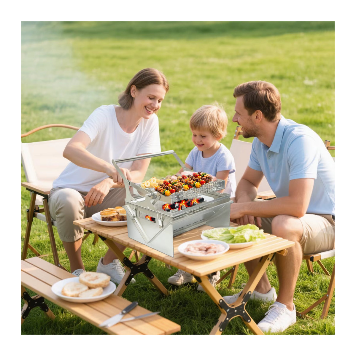 Faltbarer Edelstahl Holzkohle-Grill für Camping und BBQ in Silber mit 360 Grad drehbarem Grillrost - Bild 2