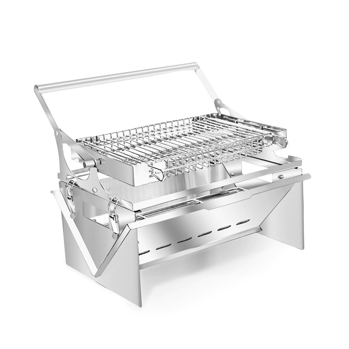 Faltbarer Edelstahl Holzkohle-Grill für Camping und BBQ in Silber mit 360 Grad drehbarem Grillrost - Bild 5