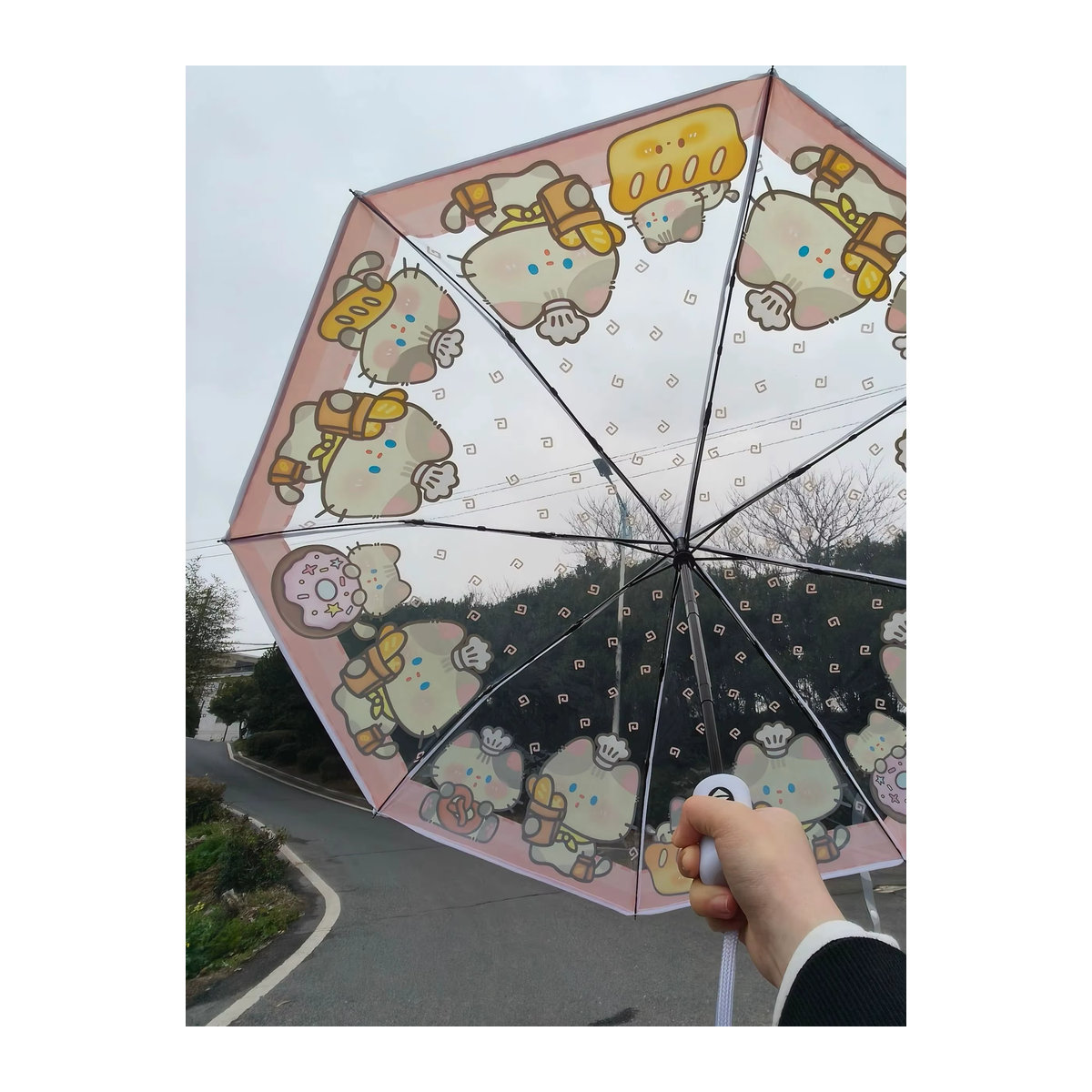 Faltbarer transparenter Regenschirm mit Katzenfigur in Rosa, wind- und regenfest - Bild 2