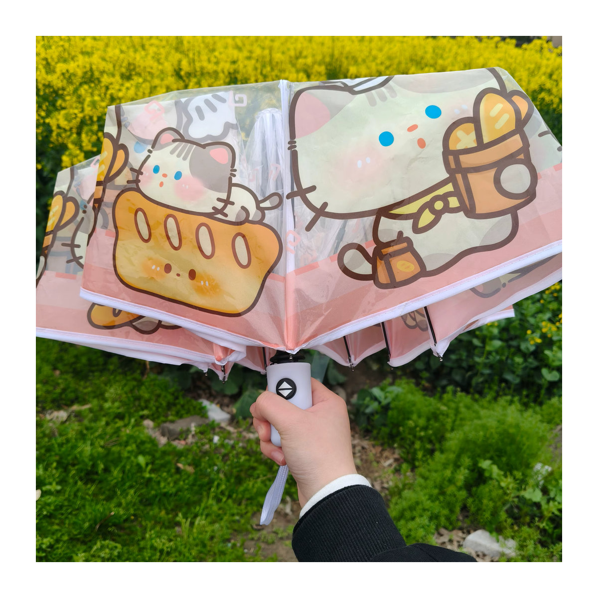 Faltbarer transparenter Regenschirm mit Katzenfigur in Rosa, wind- und regenfest - Bild 3