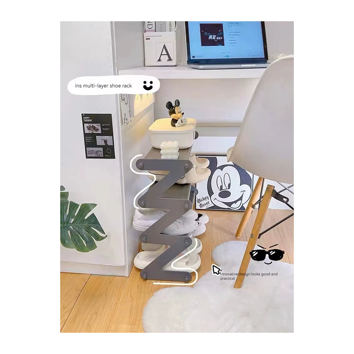 Faltbares 4-stufiges Schuhregal als platzsparender Schuh-Organizer für Schlafzimmer und Eingangsbereich in Braun oder Rosa - Bild 4