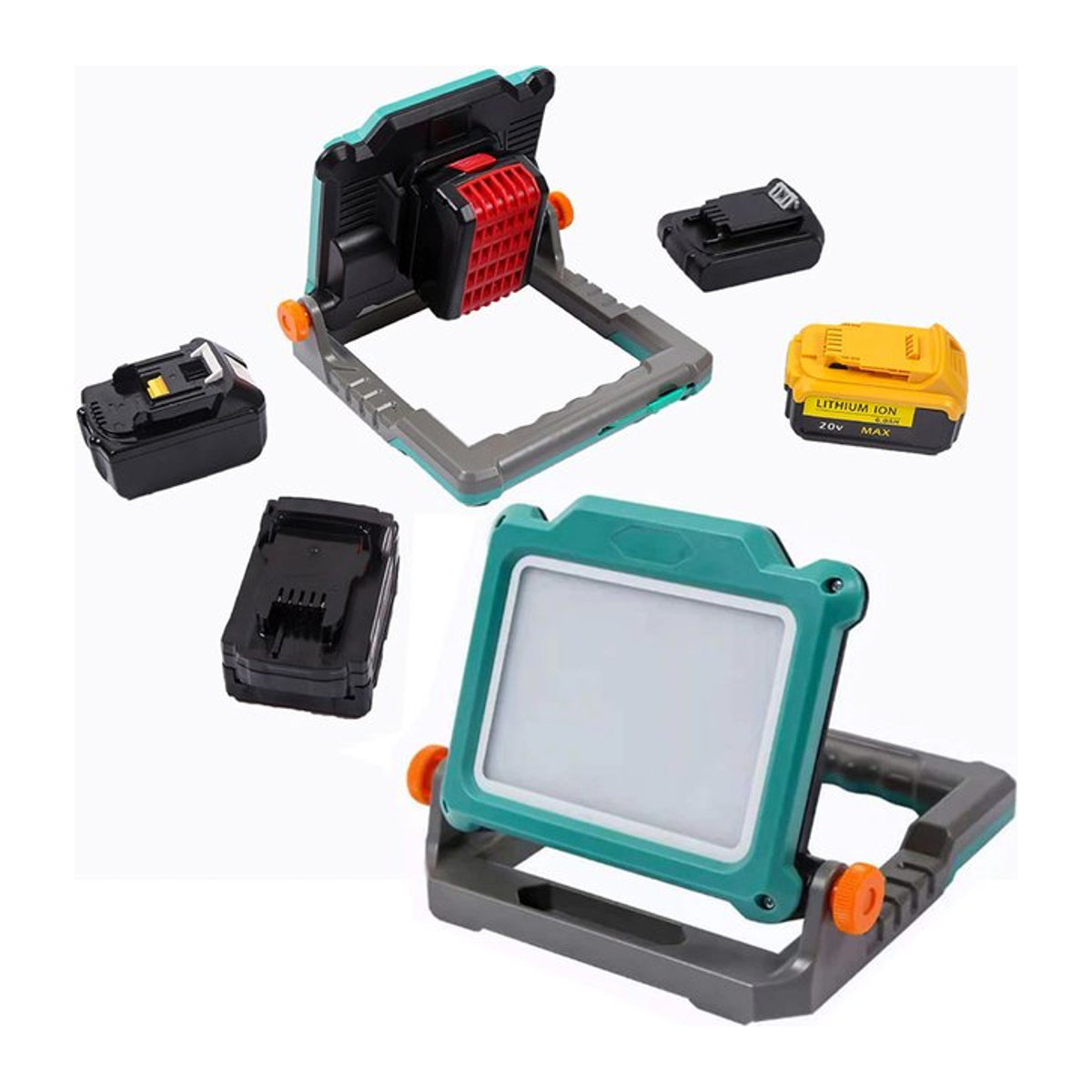 Faltbares LED Arbeitslicht für Makita, DeWalt, Milwaukee und Bosch 18V 20V Li-Ion Akkus als Camping-Flutlicht und Notfalllampe - Bild 1