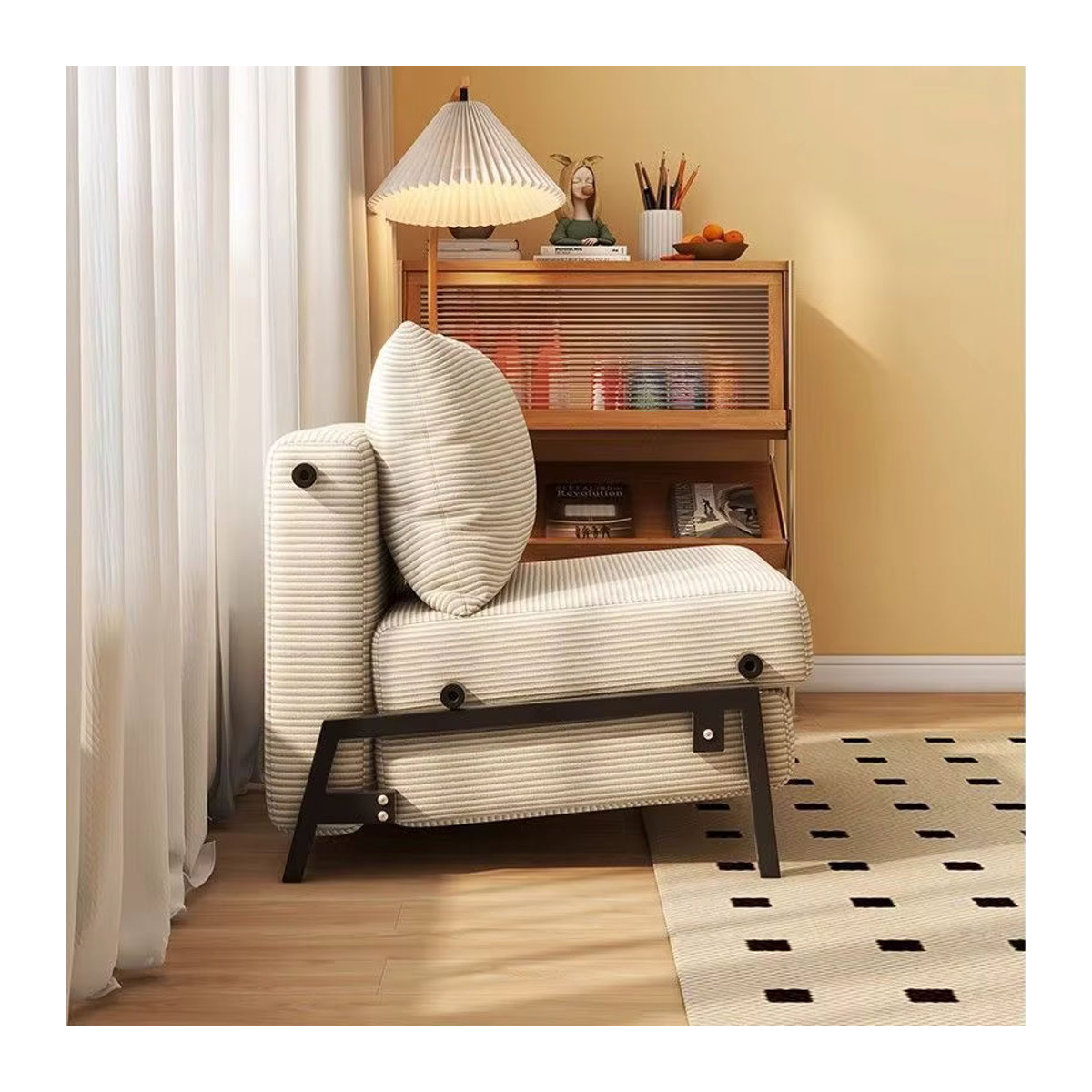 Faltbares Schlafsofa aus Cord in Beige im Retro-Design für Wohnzimmer und kleine Wohnungen - Bild 2