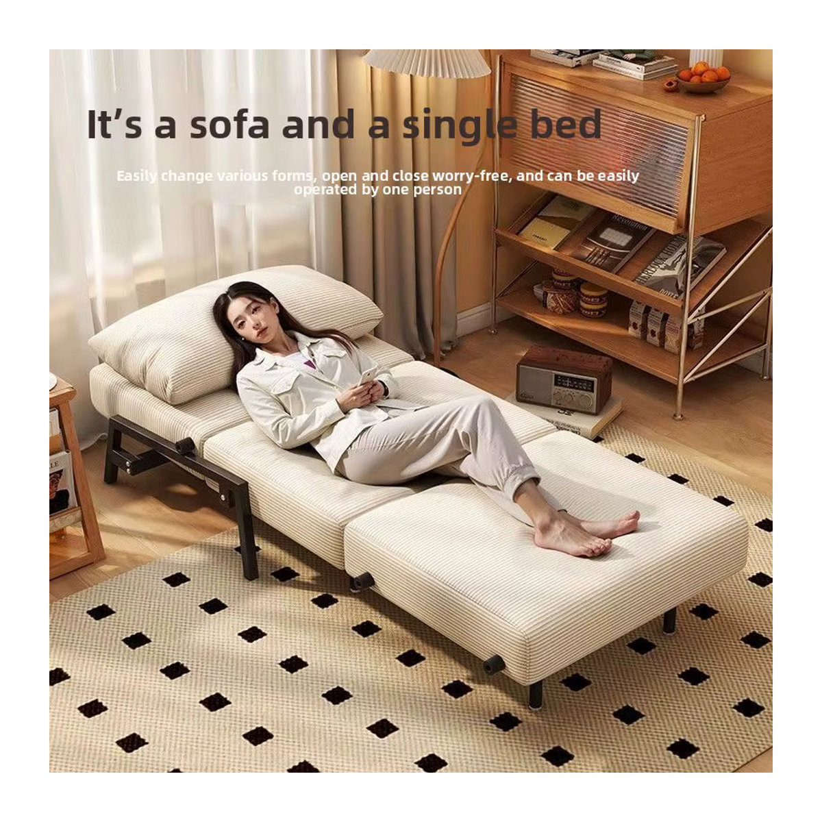 Faltbares Schlafsofa aus Cord in Beige im Retro-Design für Wohnzimmer und kleine Wohnungen - Bild 3