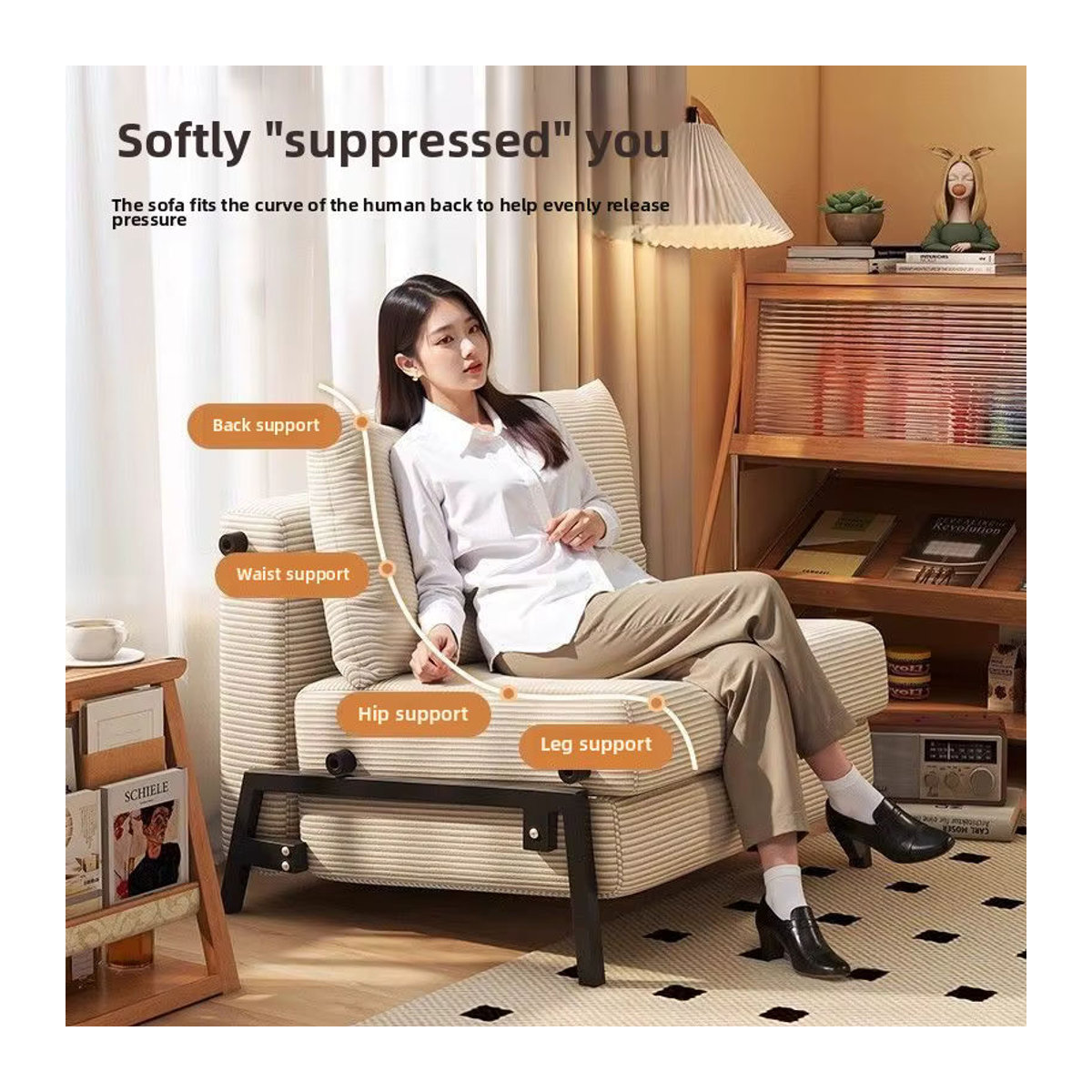 Faltbares Schlafsofa aus Cord in Beige im Retro-Design für Wohnzimmer und kleine Wohnungen - Bild 4