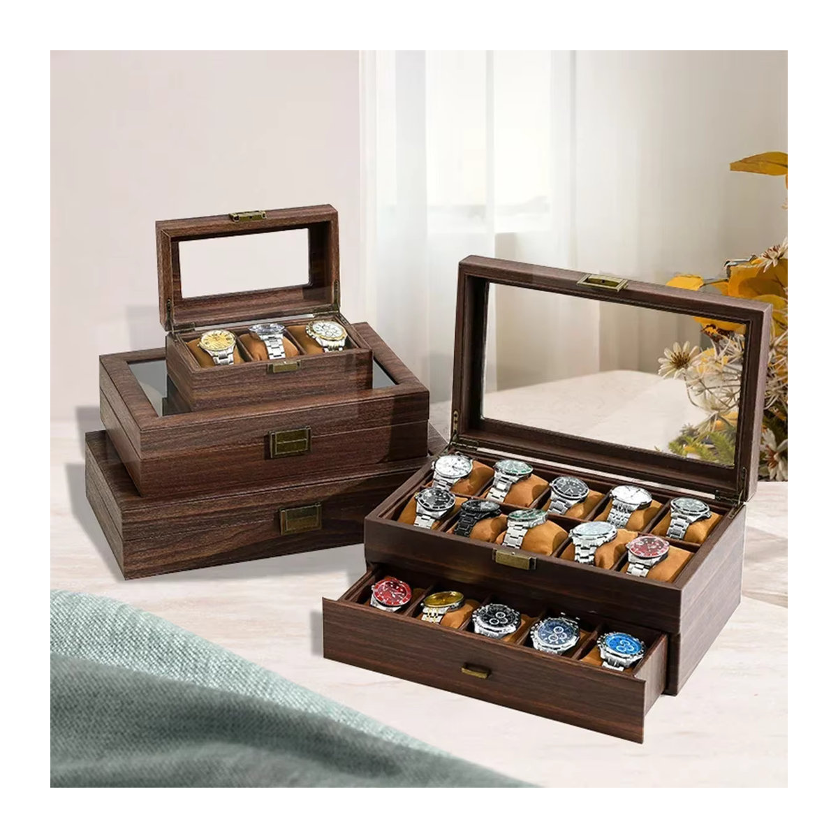 FancyWrist Retro Uhrenbox aus Leder mit Holzmaserung in Braun zur Aufbewahrung von Uhren und Schmuck - Bild 2