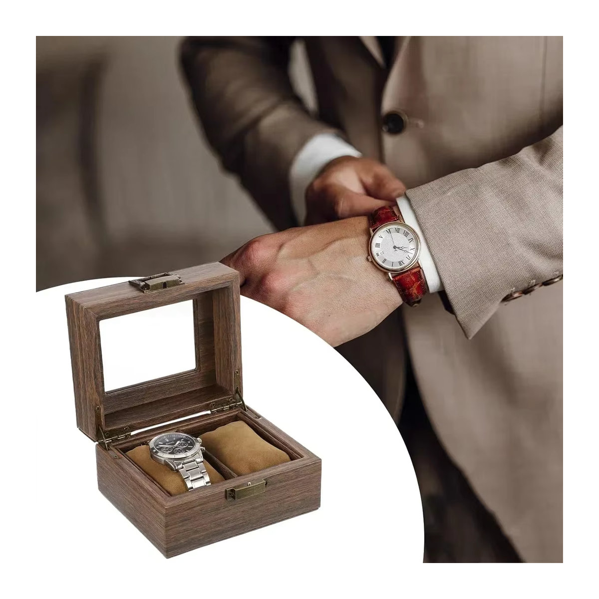 FancyWrist Retro Uhrenbox aus Leder mit Holzmaserung in Braun zur Aufbewahrung von Uhren und Schmuck - Bild 5