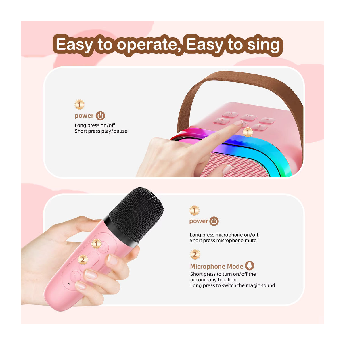 FanFun Karaoke-Maschine in Rosa mit 2 kabellosen Mikrofonen und Bluetooth 5.3 PA-Lautsprechersystem für Kinder - Bild 2