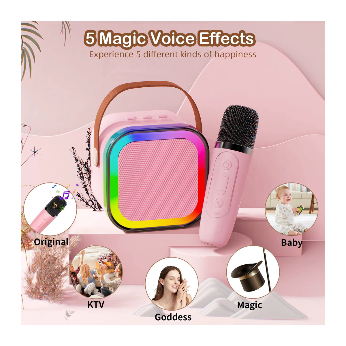 FanFun Karaoke-Maschine in Rosa mit 2 kabellosen Mikrofonen und Bluetooth 5.3 PA-Lautsprechersystem für Kinder - Bild 3