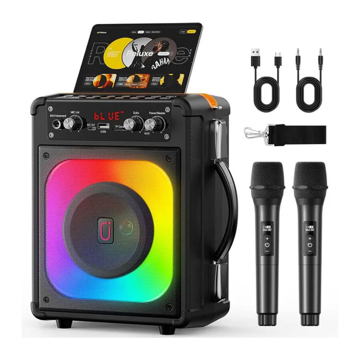 FanFun TX06 Kara Ok Machine mit 2 kabellosen Mikrofonen, tragbarer Bluetooth-Lautsprecher mit Bass- und Höhenregulierung, PA-System, Schwarz - Bild 1